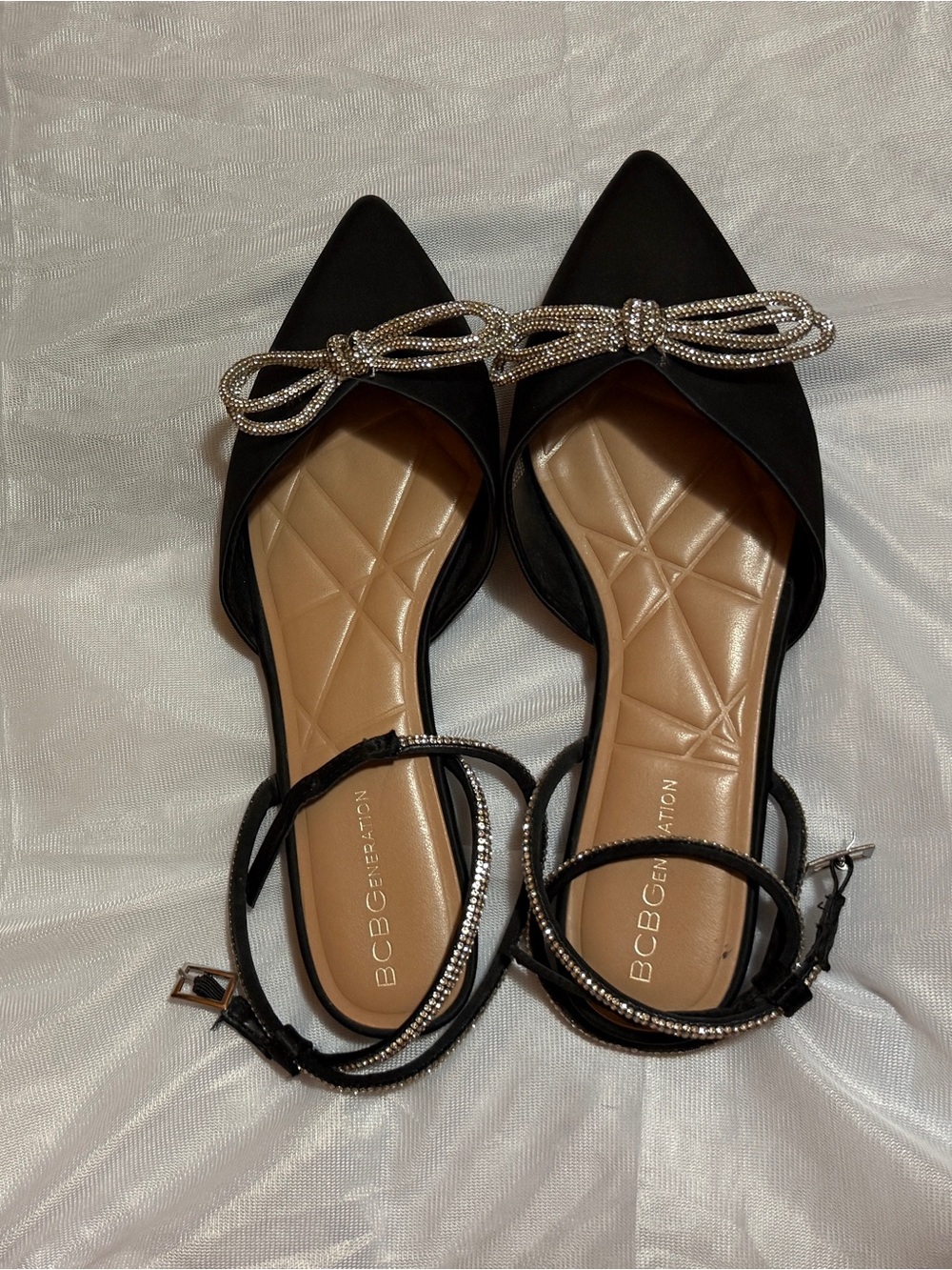 BCBGeneration Black Pointed Slingback Flats with Rhinestone Bow Accent